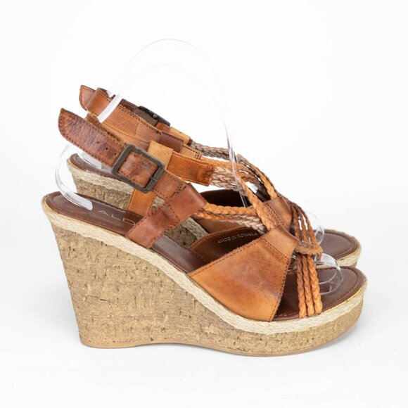 Aldo Brown Braided Leather Wedge Sandals Size US 9.5 EUR 40 - Picture 3 of 9